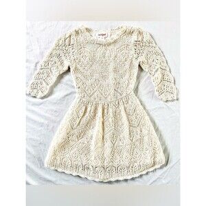 Cat & Jack Girls Size 5T Ivory & Gold Crochet Knit Dress – Long Sleeve